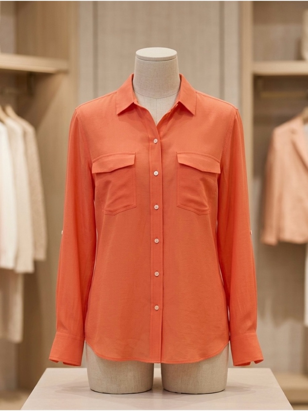 Tommy Bahama Silk Hot Coral (Orange) Button-Down Shirt with Chest Pockets Size L